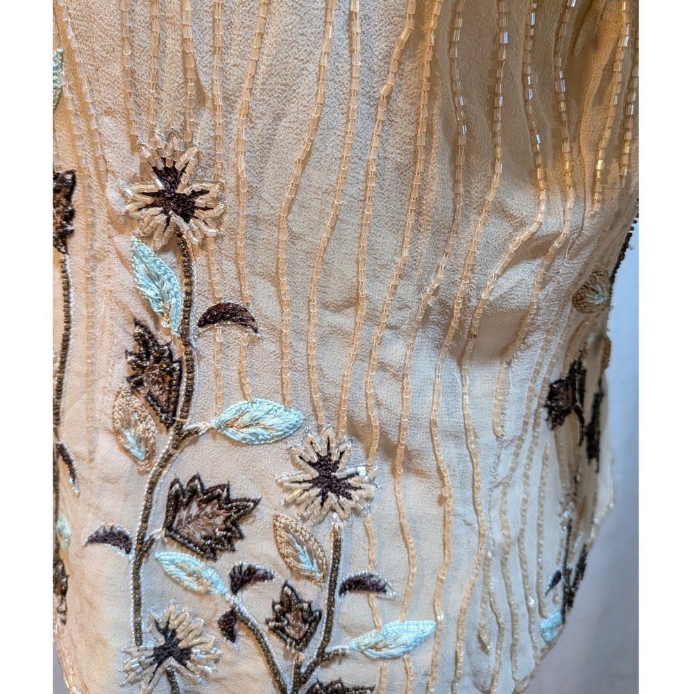 Vintage Adrianna Papell Cottagecore Old Money 14 BeigeBrown Beads Silk FloralTop - Picture 7 of 10